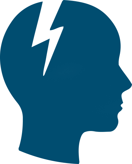Symbol für Krisenintervention: dunkelblaue Silhouette von Kopf mit weissem Blitz