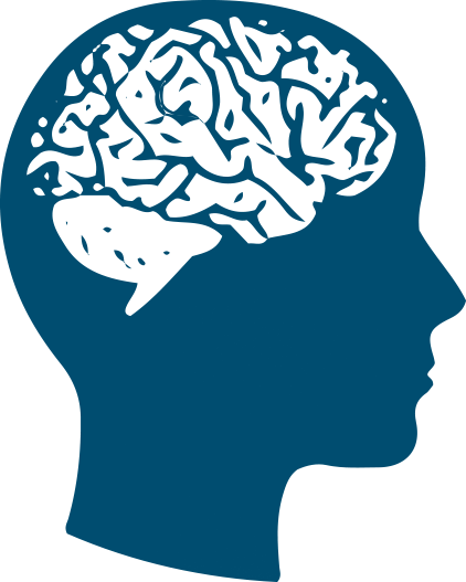 Symbol für Psychotherapie: dunkelblaue Silhouette von Kopf mit weissem Gehirn