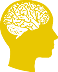 Symbol für Psychotherapie: gelbe Silhouette von Kopf mit weissem Gehirn